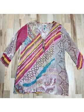 Faith Womens Lace-up Popover Multicolor Print Sequined Tunic Size XLarge